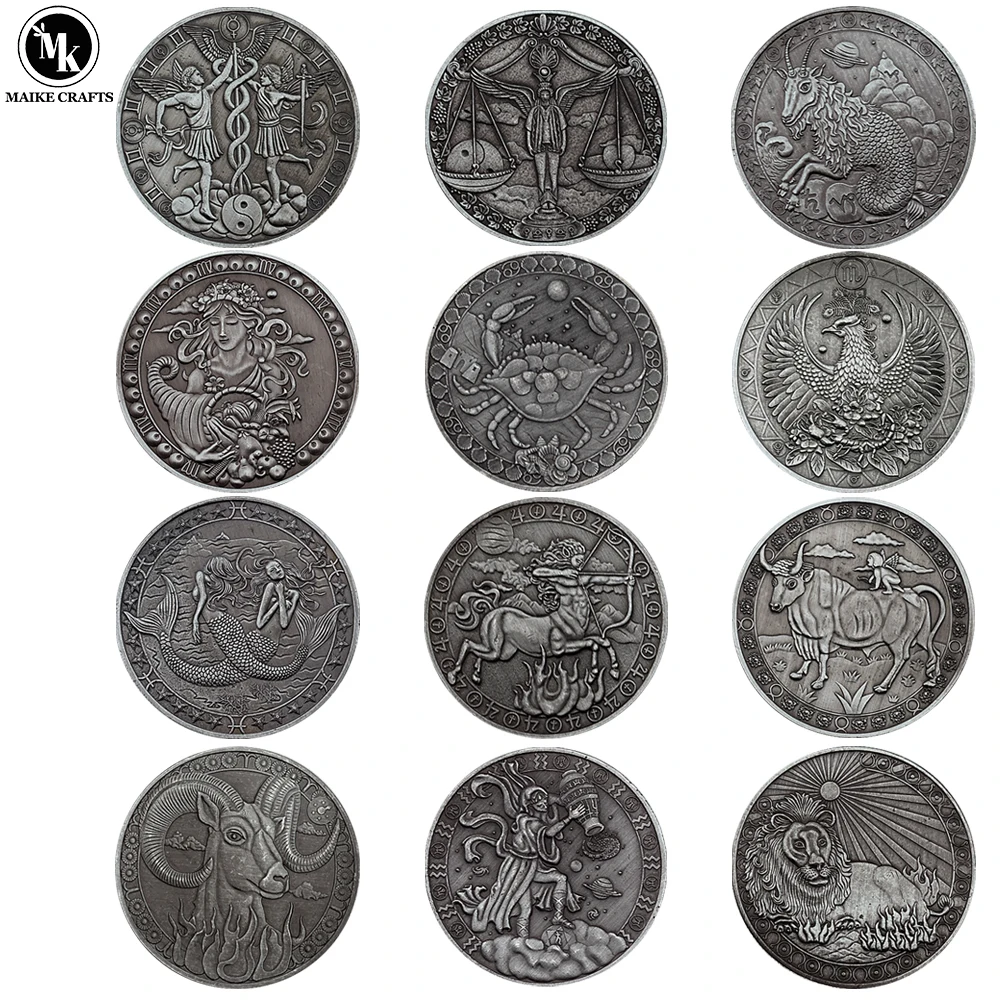 

12 Constellations Zodiac Collectible Coin Silver Plated Metal Vintage Craft Challenge Coin Creative Memorial Gift Dropshipping