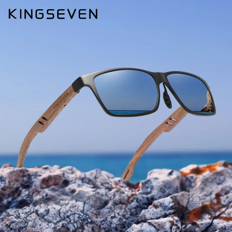 KINGSEVEN Nouvelles Lunettes de Soleil Polarisées UV400 pour Hommes, Monture en Aluminium et Bois de Noyer Faite à la Main, Accessoires de Lunetterie pour Femmes