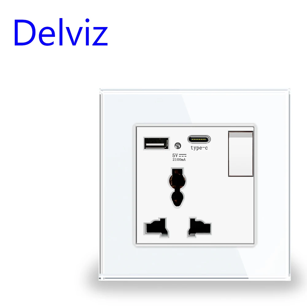 Delviz-tomada Usb Universal 2a Porta do Carregador Dual Usb Controle de Switch Painel de Vidro Tomada Elétrica Tomada de Parede tipo c