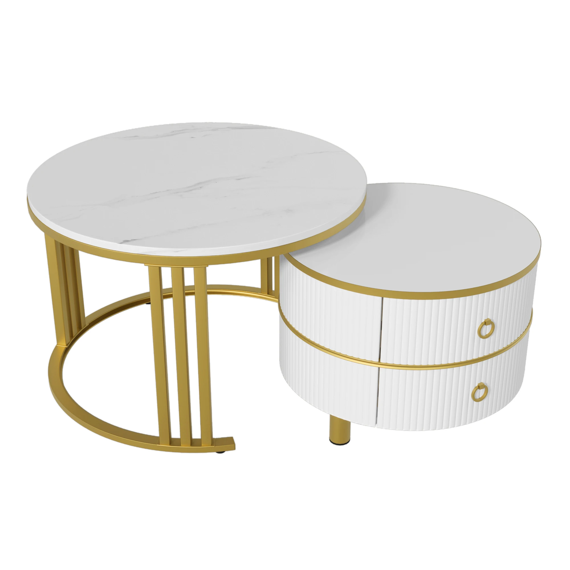 Anajqaqia 2-in-1 Round MDF Coffee Table, Side Table with Glossy Top and 1 White Marble Top, Coffee Table with 2 Drawers