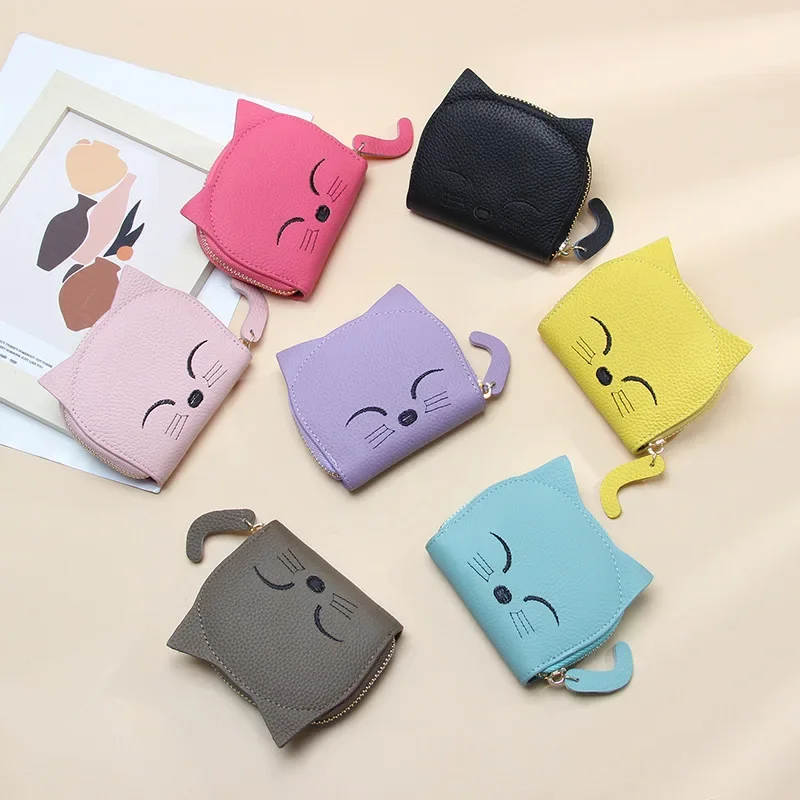 Card Cases Holder for Women Fashion Cartoon Cat Credit Card Holder Genuine Leather ID Credit Card Wallet with Zipper Coin Purse