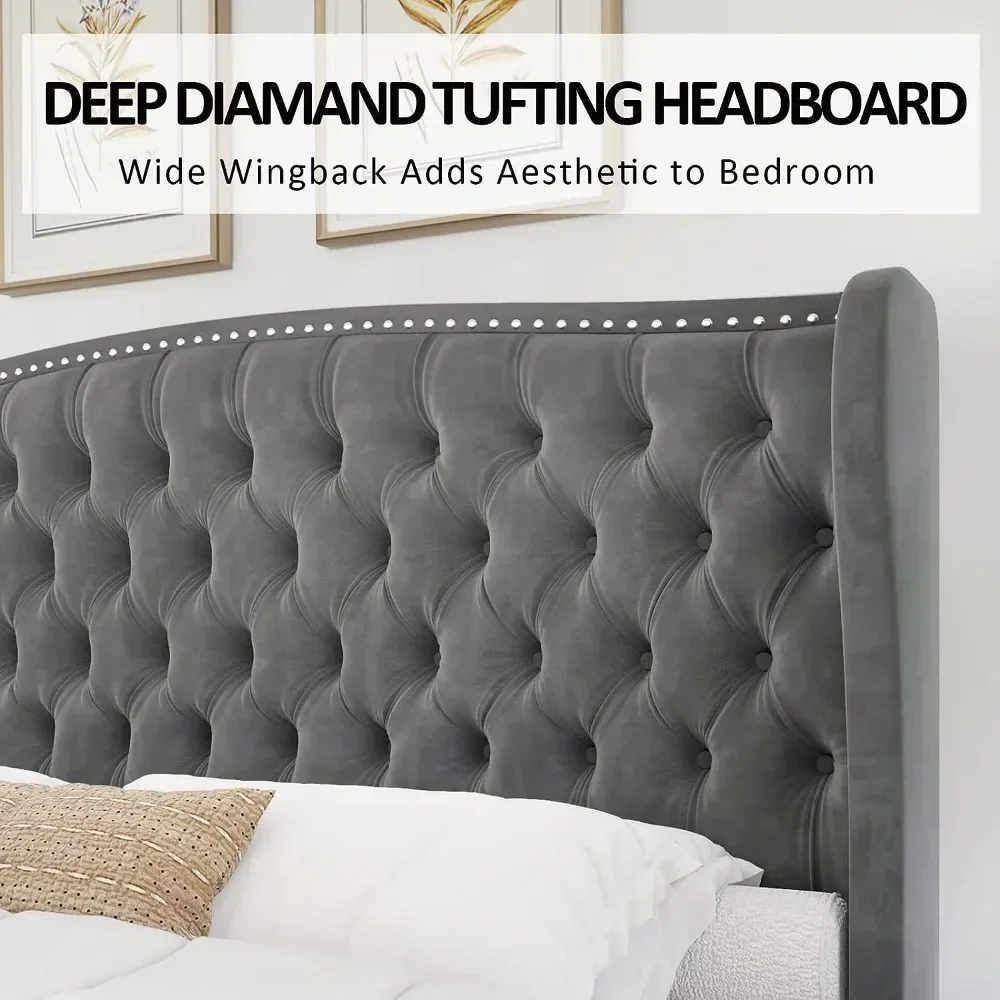 Description Picture 4 of itemKing Size Bed Frame, Velvet Upholstered Beds with Deep Button Tufted & Nailhead Trim Wingback Headboard, Platform Bed Frame