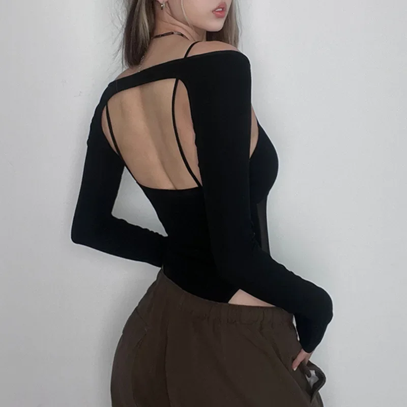 Traje de festival de verano de una pieza con parches de color liso, lencería informal de manga larga, mono sexy con cordones ligeramente transparentes