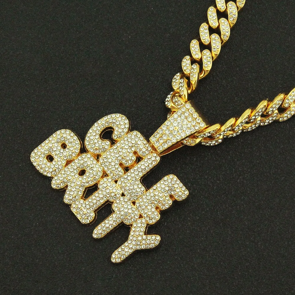

Hip Hop Iced Out Cuban Chain Bling Diamond Rhinestone Letter GELE BRITY Pendant Necklace Gold Chain Charm Jewelry for Men Choker