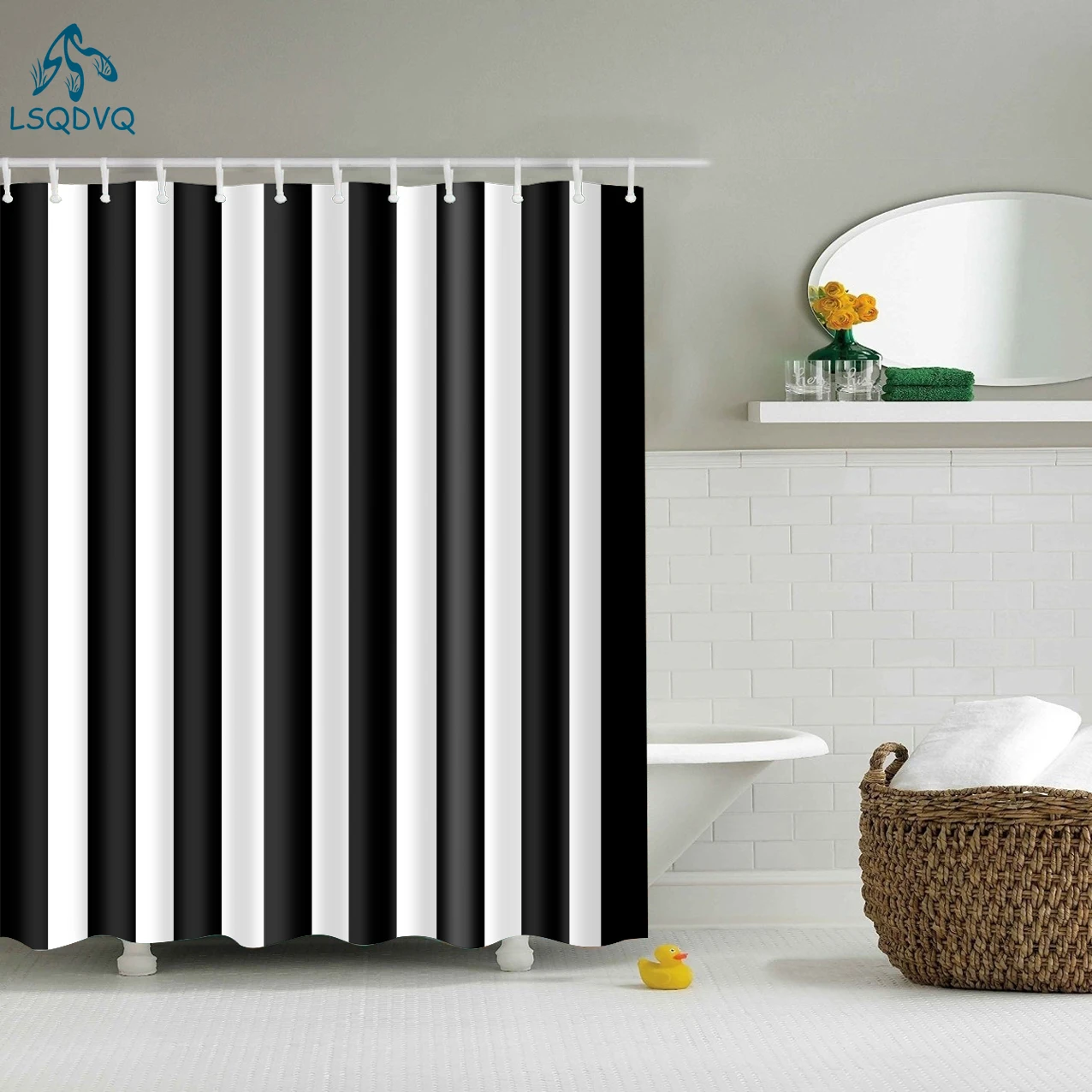 Black White Wave Stripe Geometric Bathroom Shower Curtains Frabic Waterproof Polyester Bath Bathroom Curtain with Hooks