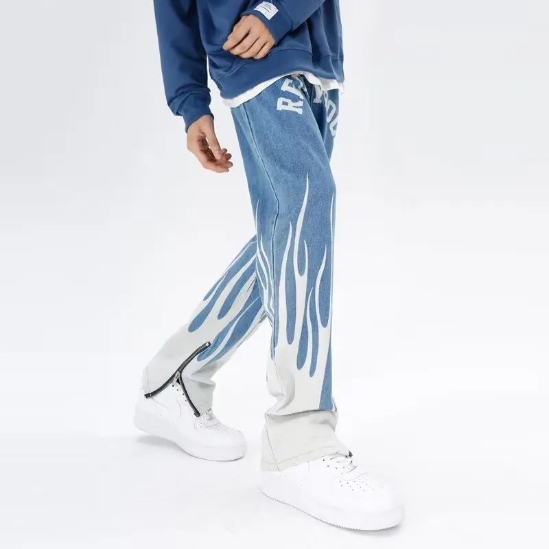 2026 Cyber Y2K Flammen-Grafik Blaue Baggy Jeans Herrenhose Gerade Koreanische Lässige Reißverschluss-Denim-Hose Pantalon Homme – Detail 12