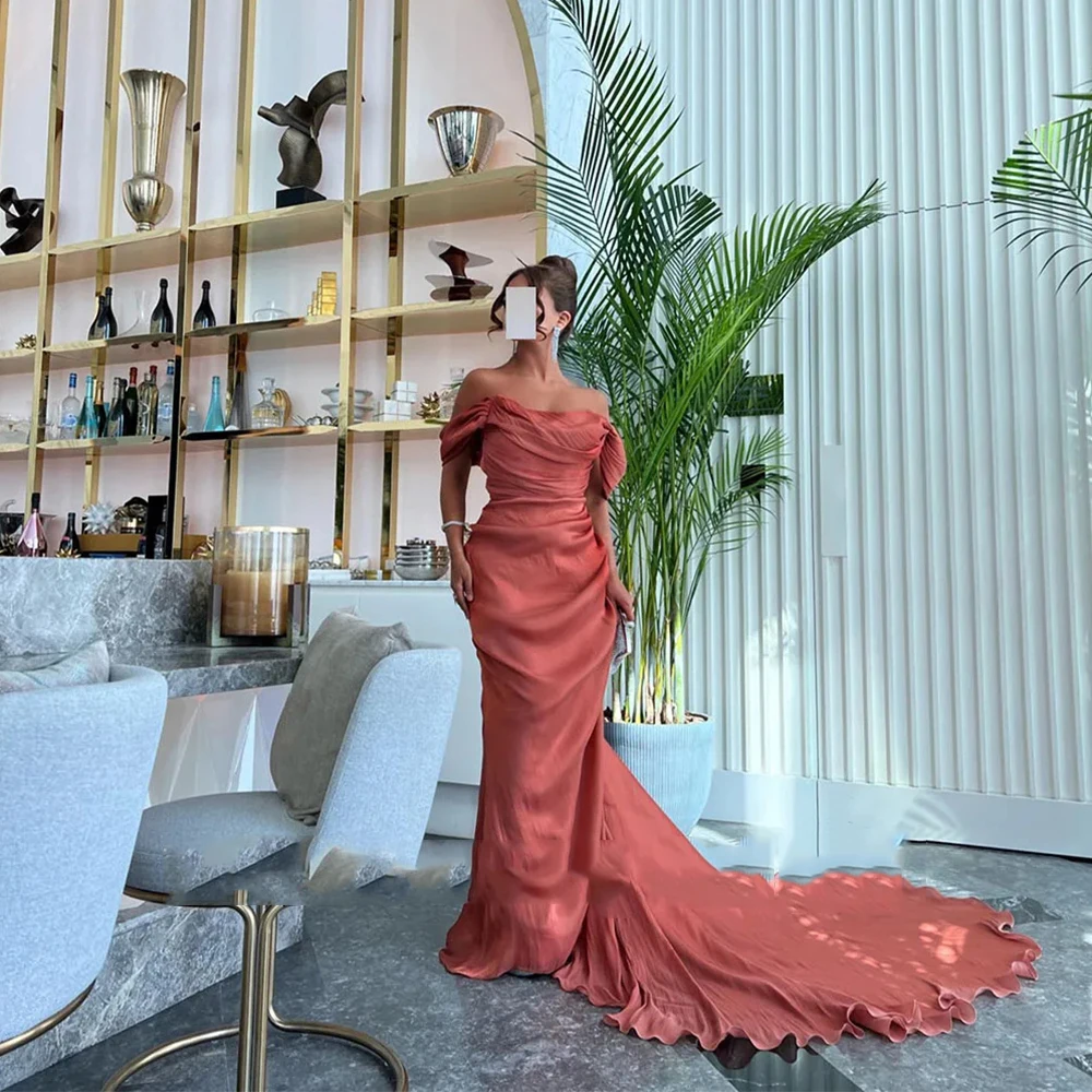 

Orange Satin Saudi Arabia Evening Dresses Off Shoulder Mermaid Prom Gowns Zipper Back Sweep Train Dubai Formal Occasion Dresses