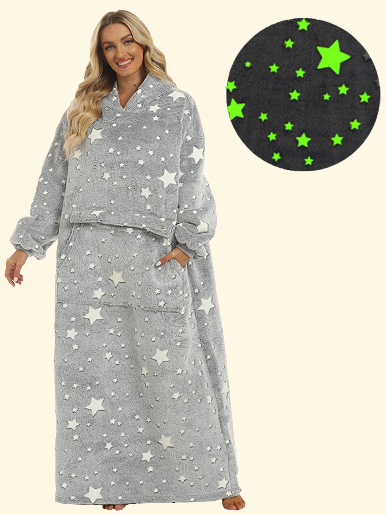 

2024 Fluffy Loose Winter Glow-in-the-dark Grey Pentagram With Cover 59 "extended Lazy Blanket Hooded Casual Home Wear