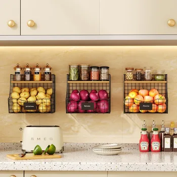 3-Pack Stackable Fruit & Vegetable Storage Baskets with Wood Lids – Counter & Wall Mountable 1