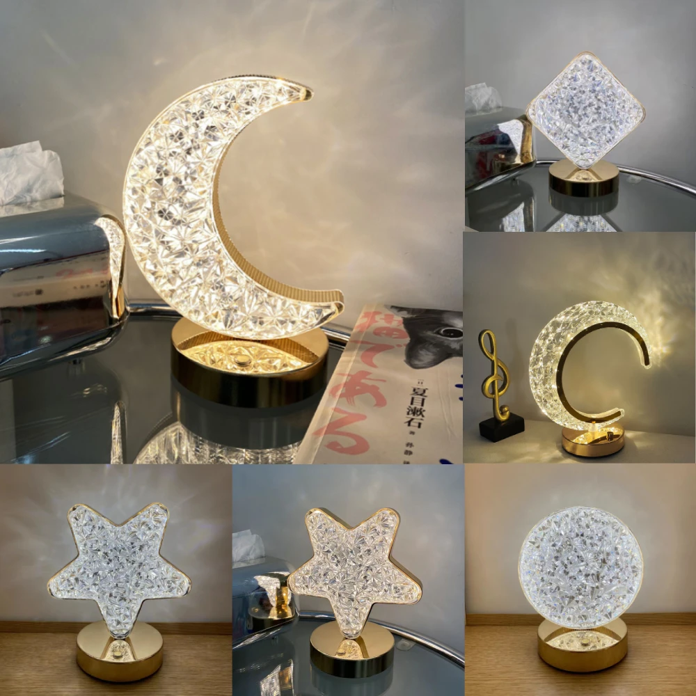 

LED Crystal Lamp Moon Star 3 Colors Table Light Touch Dimming Bedside Ledlamp Romantic Diamond Rechargeable Atmosphere USB Decor