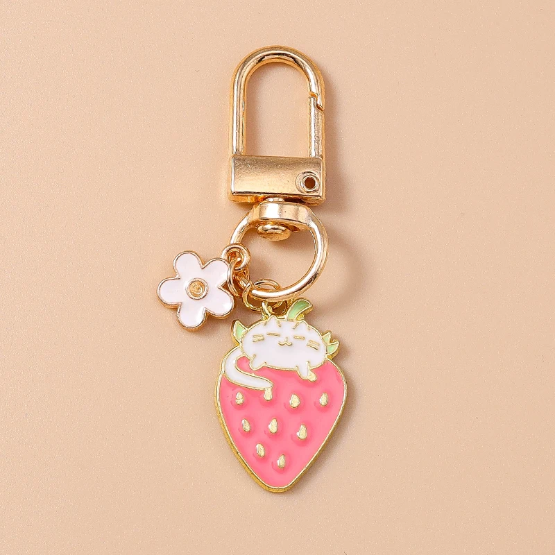 Niedlicher rosa Erdbeer-Anhänger-Schlüsselanhänger, Blumen-Schlüsselanhänger für Frauen, Mädchen, Tasche, Geldbörse, Anhänger, Zubehör, Geschenk