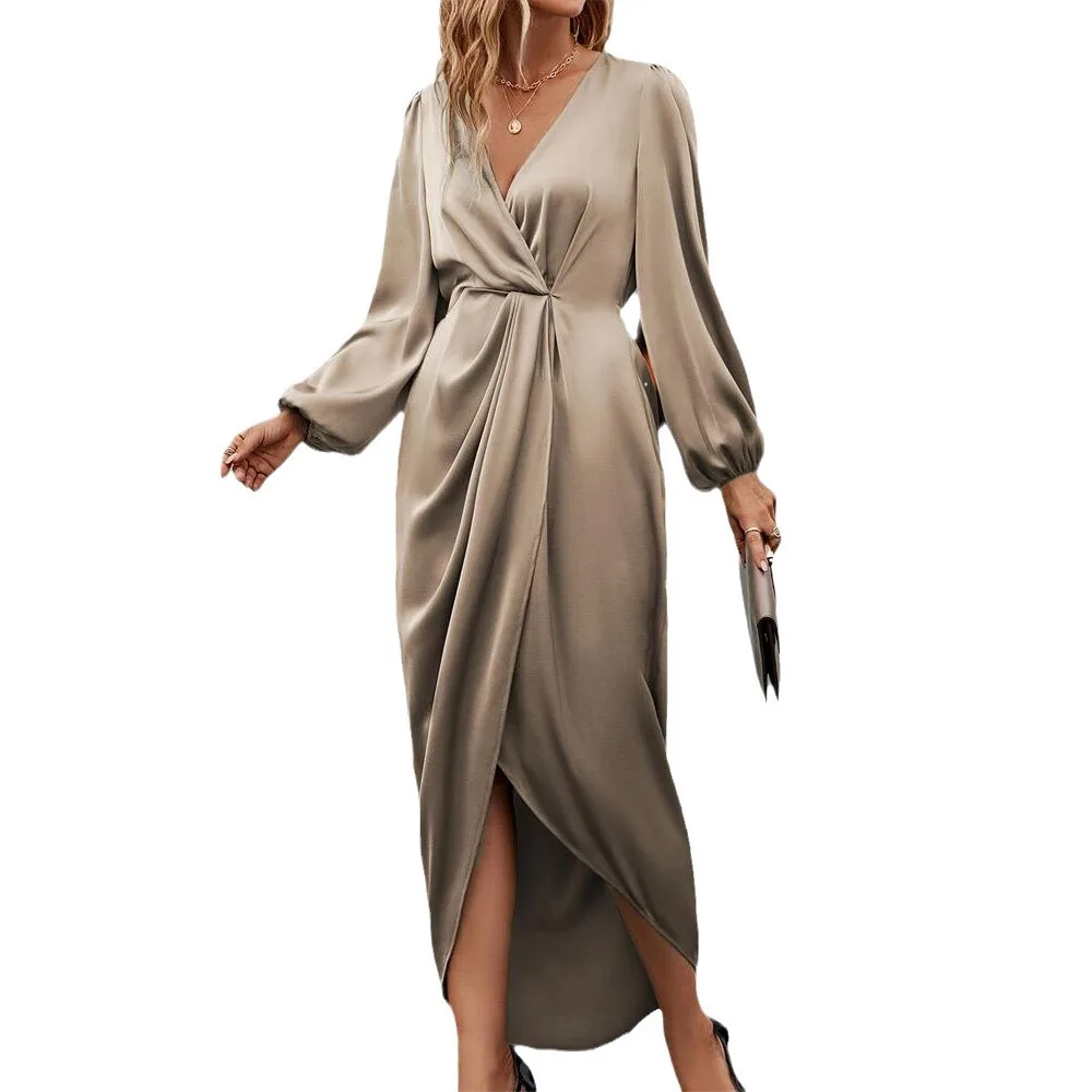 New Women's Elegant Cross V Neck Party Dresses Spring Summer 2025 Fashion Slit Puff Sleeve Irregular Long Sleeve Female Dress 5
