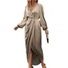New Women's Elegant Cross V Neck Party Dresses Spring Summer 2025 Fashion Slit Puff Sleeve Irregular Long Sleeve Female Dress 5