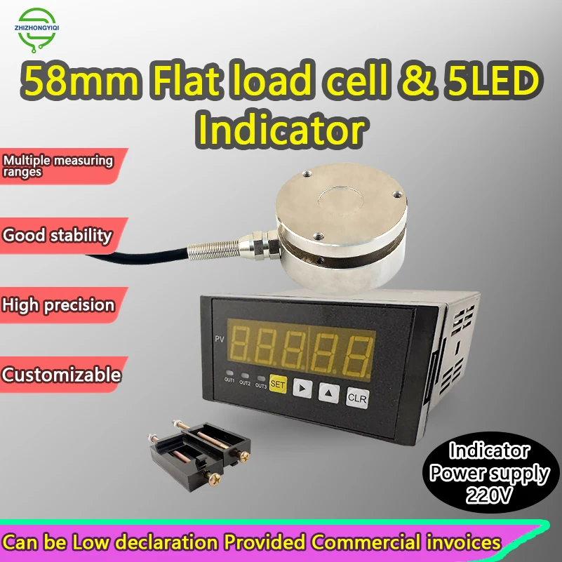 25mm/58mm Mini Compression Load Cell Sensor, 10kg-5t Optional,mV/V Output with Digital Force Display Indicator Meter 220V Supply