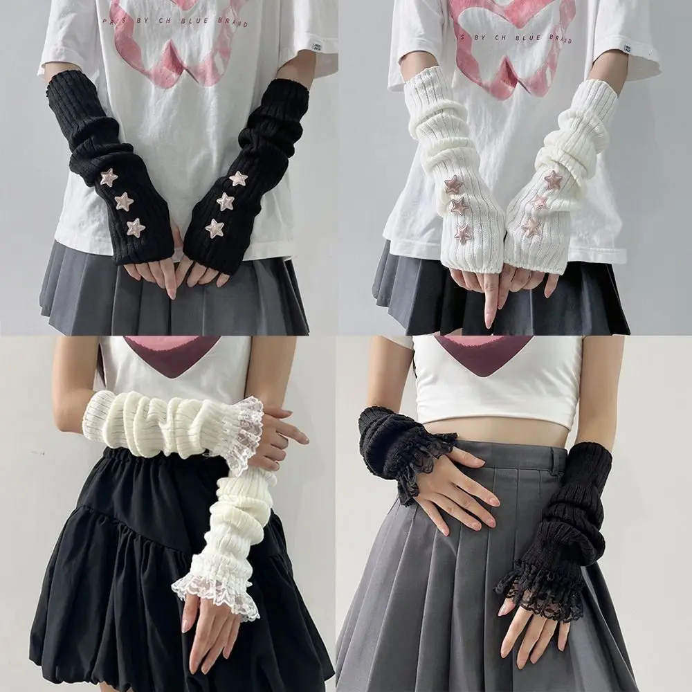Fingerless Long Wrist Gloves Arm Warmers Black White Knitted Gloves Finger Sleeves Cover False Sleeves Elbow Mittens