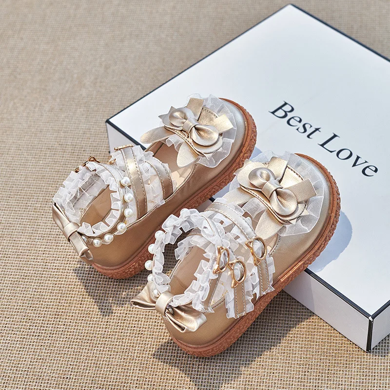 Girls Lolita Leather Shoes Spring Pearl Lace Children Soft Soled Single Shoes Kids Bowknot Princess Chaussure Enfant Fille