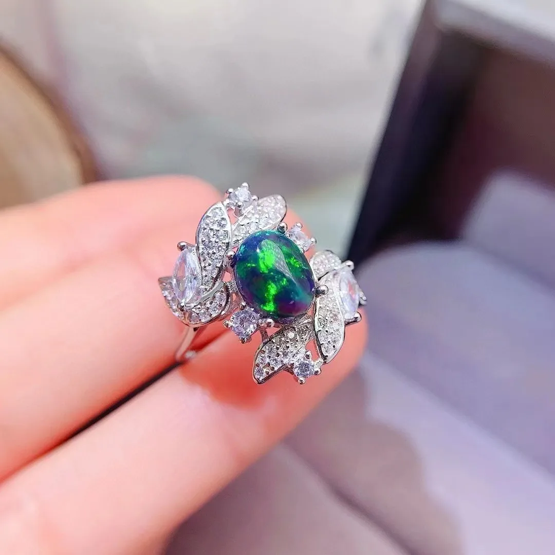 

FS S925 Sterling Silver Inlay 7*9 Natural Black Opal Ring for Women Fine Fashion Charm Weddings Jewelry With Certificate MeiBaPJ