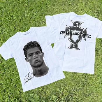 Cristiano Ronaldo Neymar Lionel Messi Football Superstar Portrait Printed Tee Men Women Cotton Loose Casual Short Sleeve T Shirt 1