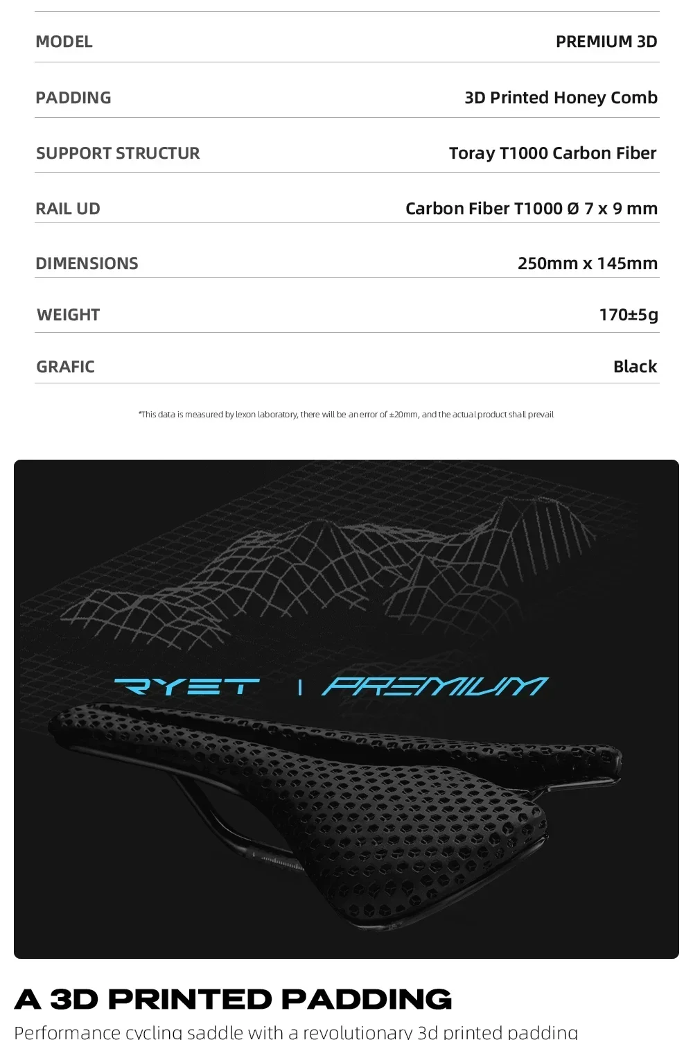Description Picture 4 of item2025 RYET Carbon 3D-printed Ultralight Bicycle Saddle Bike Saddle For Men Women Triathlon Road MTB Mountain Gravel  Saddle