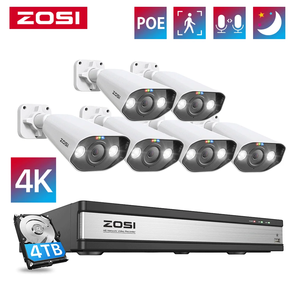 

ZOSI 16CH 4K Spotlight PoE Security Camera System 8MP CCTV NVR with 4TB Surveillance HDD ,4K Super HD Outdoor PoE IP Cameras Kit
