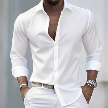 Solid color men's casual white shirt, fashionable casual long sleeve stretch fabric, business formal shirt, comfortable fabric 1