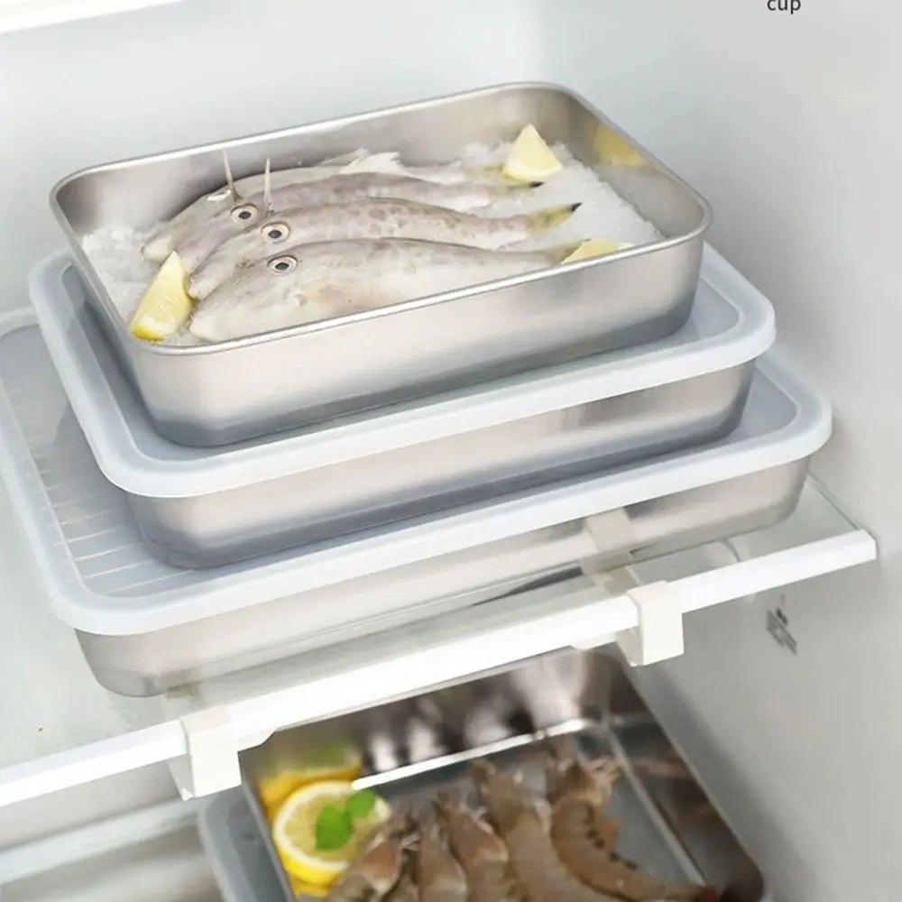 1Pcs Stainless Steel Crisper Box Rectangular Refrigerator Frozen Sorting Storage Box with Lid S/M/L Food Organizer Kitchen