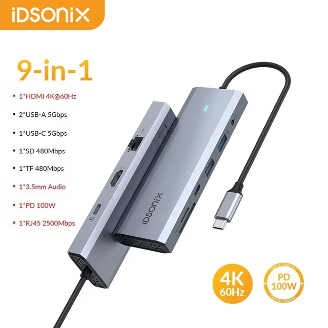 iDsonix USB C HUB RJ45 2500Mbps Type C USB C HUB Docking Station Adapter with 4K 60HZ HDMI PD 100W for MacBook PC USB C Splitter 1