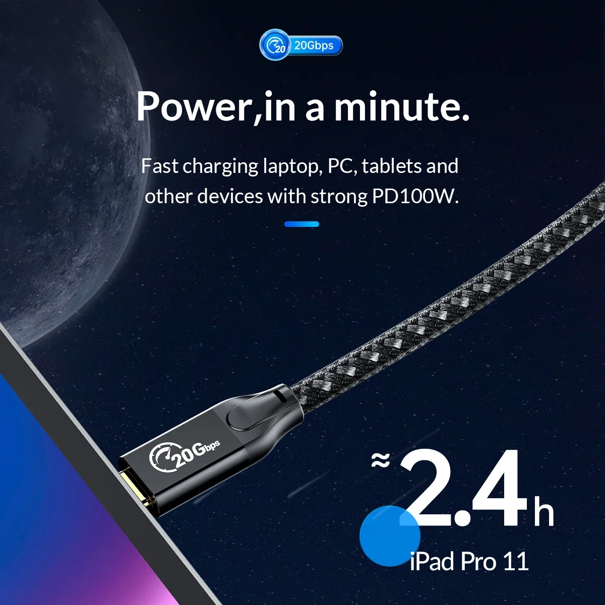 ORICO 고속 충전기 충전 코드, 20Gbps 케이블, USB C to C PD100W, USB3.2 Gen2 HD, 4K @ 60Hz 브레이드 와이어, C타입 익스텐션 라인 카벨