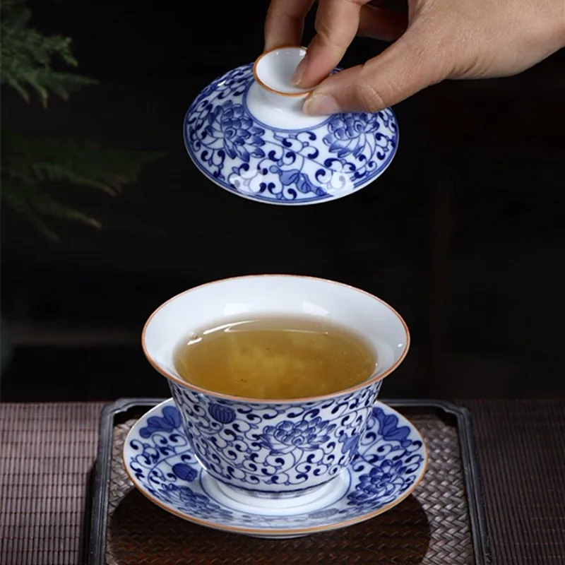 170ml Jingdezhen Ceramic Gaiwan Teacup Handmade Tea Tureen Blue and White Porcelain Tea Bowl Chinese Porcelain Accessories