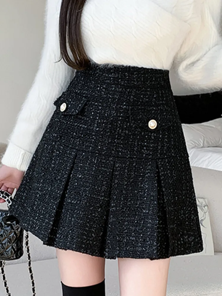 

New Autumn Winter Fashion Tweed Short Women's Versatile A-Line High Waist Woolen Pleated Skirt