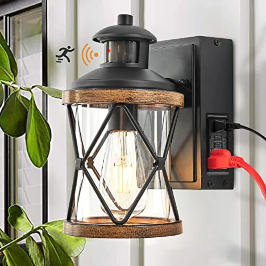 Dusk to Dawn Motion Sensor Outdoor Porch Light with GFCI Outlet3 Lighting Modes Anti-Rust Waterproof Industrial Outdoor Lantern