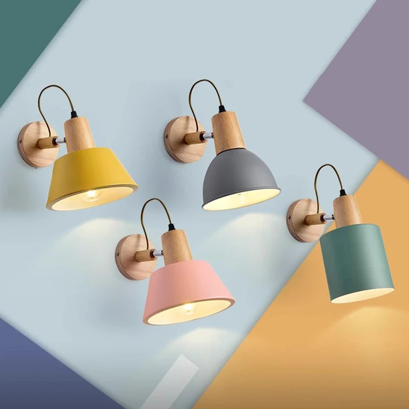 

Nordic Iron Wall Lamp Wooden Single Head Bedroom Rotatable Macaron Wall Decorative Sconce Living Room Backdrop Home Decor Lights