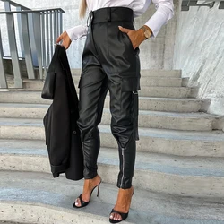 Chic Fashion Button PU Leather Pants Women Spring Bottoming Zip-up Split Trousers Autumn Pockets Slim Bandage Pencil Pants Mujer
