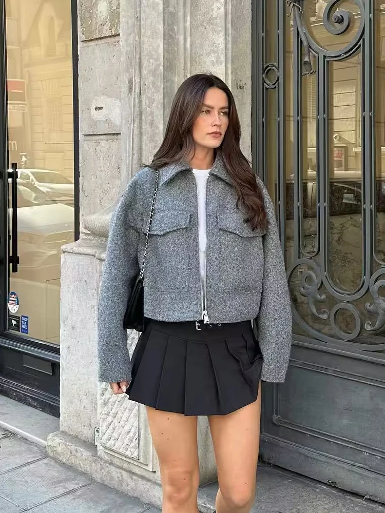 S8a72897858944897a5005907d1587a9am Spring Turn-down Collar Cropped Jacket For Women Elegant Warm Short Coats Female Street Zipper Long Sleeve Pocket Outerwear Mallzona