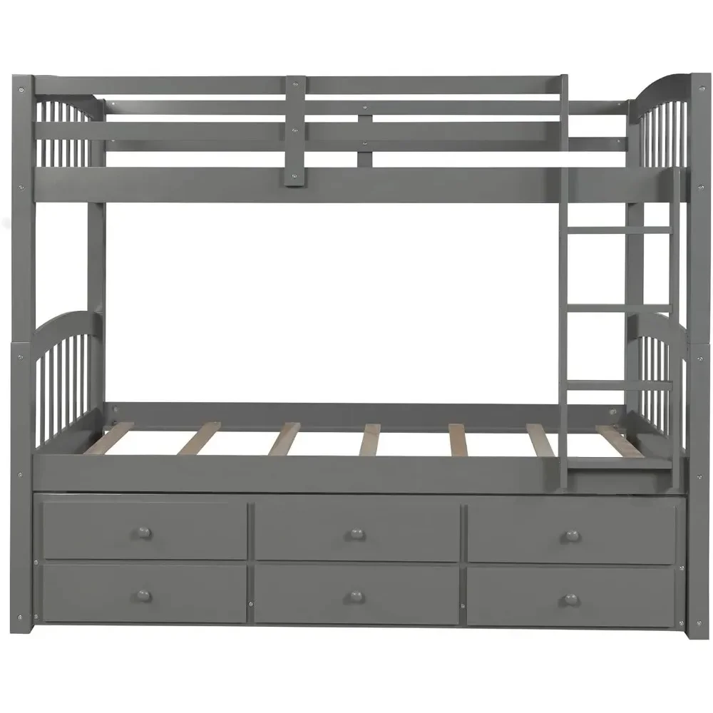Wooden Bunk Bed Twin Over Twin Size with Trundle and 3 Storage Drawers, Detachable Bunkbeds Frame for Kids Teens Adults Bedroom 5