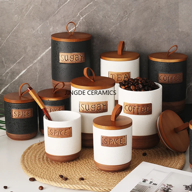 Tarro de cerámica hermético (1 unidad) para guardar azúcar, café o condimentos. Tarro de madera para guardar dulces o caramelos. - Image 5