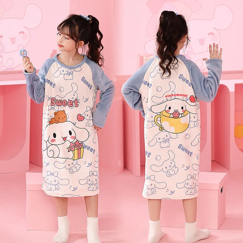 

Kawaii Sanrio Pajamas Kuromi Winter Girls Flannel Cinnamoroll Plush Thickening Nightgown Cute My Melody Toys Girls Gifts
