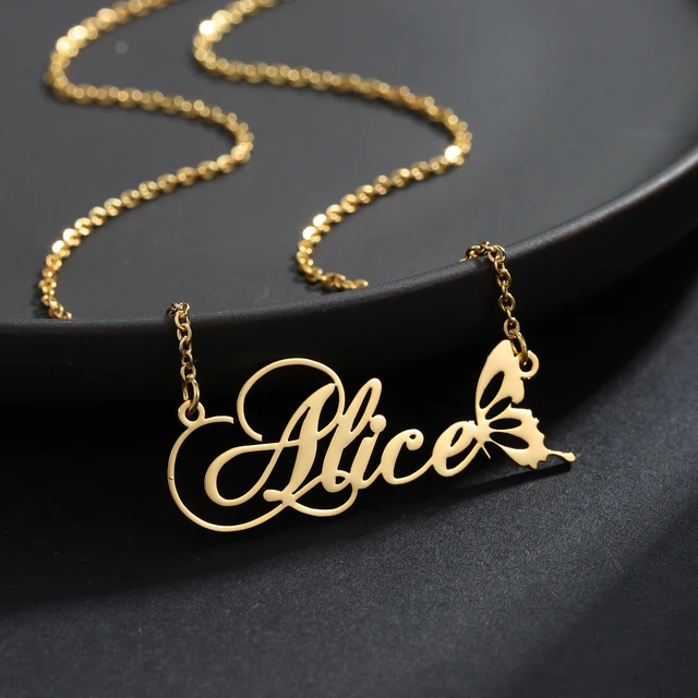 اسم مخصص قلادة مع فراشة شخصية الذهب المقاوم للصدأ اسم لوحة اسم سلسلة مجوهرات  للنساء هدايا عيد الميلاد - AliExpress