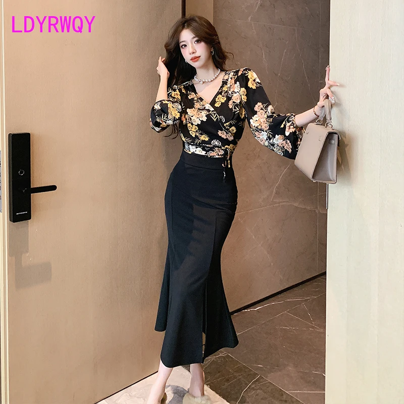 French Fashion Set Skirt Women's Early Autumn New Style Temperament Celebrity Fishtail Skirt Two Piece Set