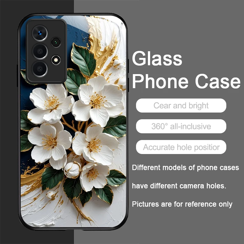 White Camellia Marble Texture Tempered Glass Phone Case
