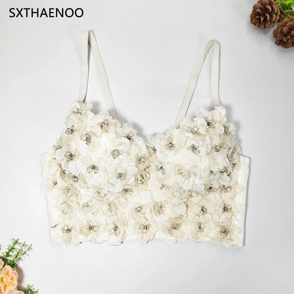 

SXTHAENOO Stereoscopic Flowers Decor Women Cute Sexy Spandex Crop Top Spaghatti Strap Bustier Summer Inside Cami Corset Bralette