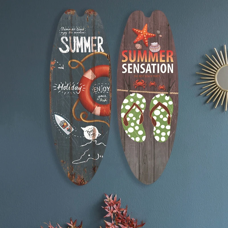 String Festival Bar Home Decor 2Pcs Vintage Wooden Sign Surfboard Wooden Sign Beach Style Hanging