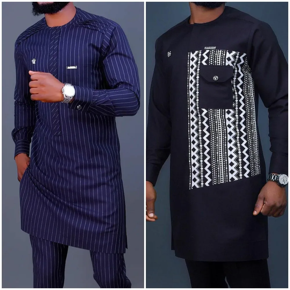 Kaftan 2 Piece Sets Mens Outfit Pockets Printed Top Shirt Trousers African Ethnic Style Traditional Clothing Men's Suit Party