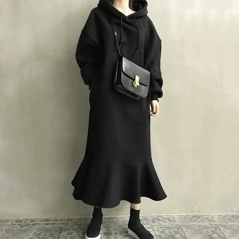 

Spring Women Korean Hoodie Dress Loose Ruffle Fleece Warm Sweatshirts Female Fashion Long Sleeve Chic Solid Hooded Midi Dresses