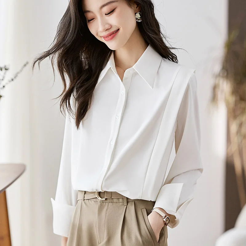 2024 Spring New French White Chic Chiffon Blouses Women Clothing Casual Fashion Design Sense Long Sleeved Shirts Lady Sweet Tops