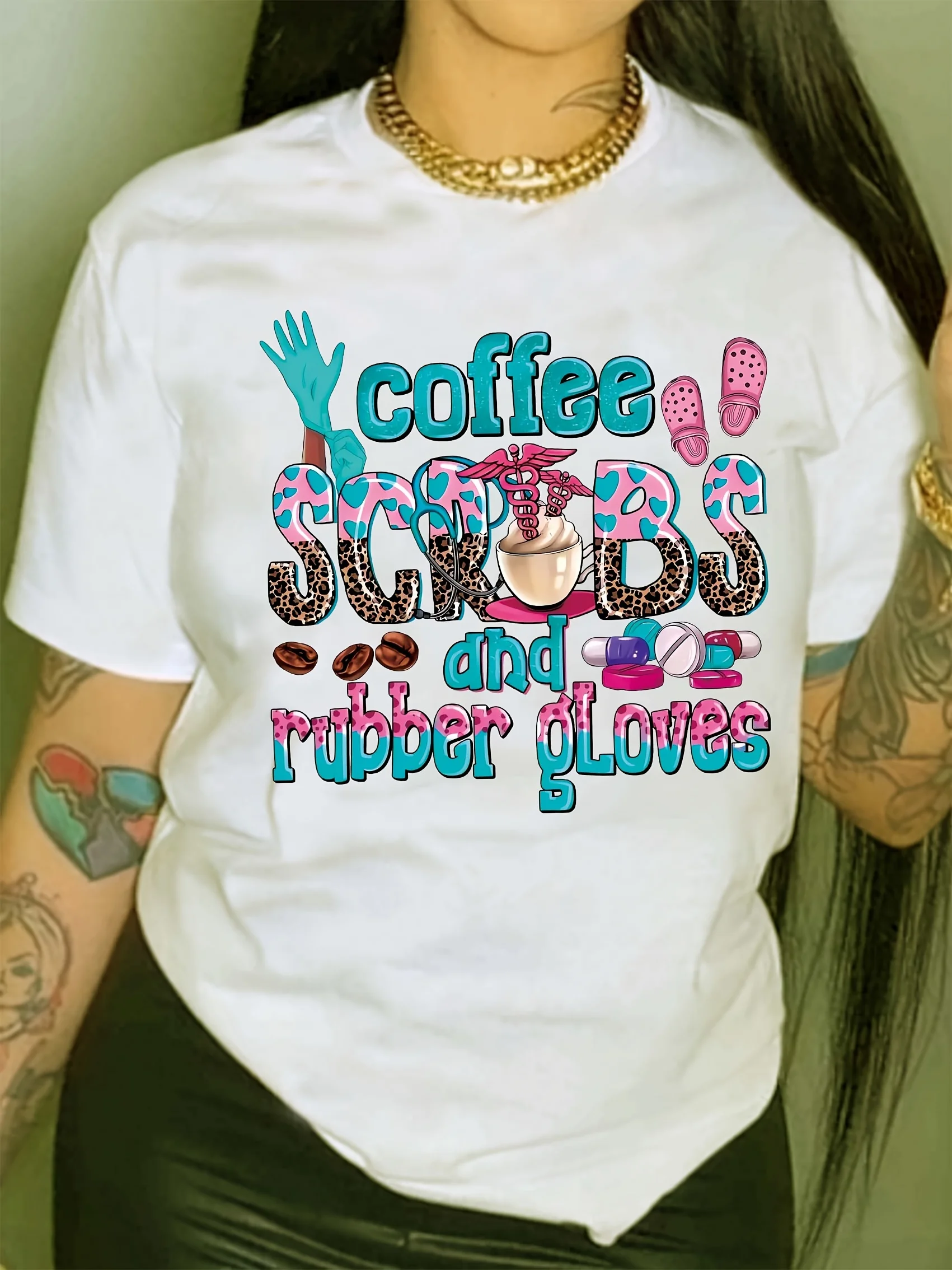 

Women's Casual Short Sleeve T-Shirt with Pill & Letter Print - Spring & Summer Top