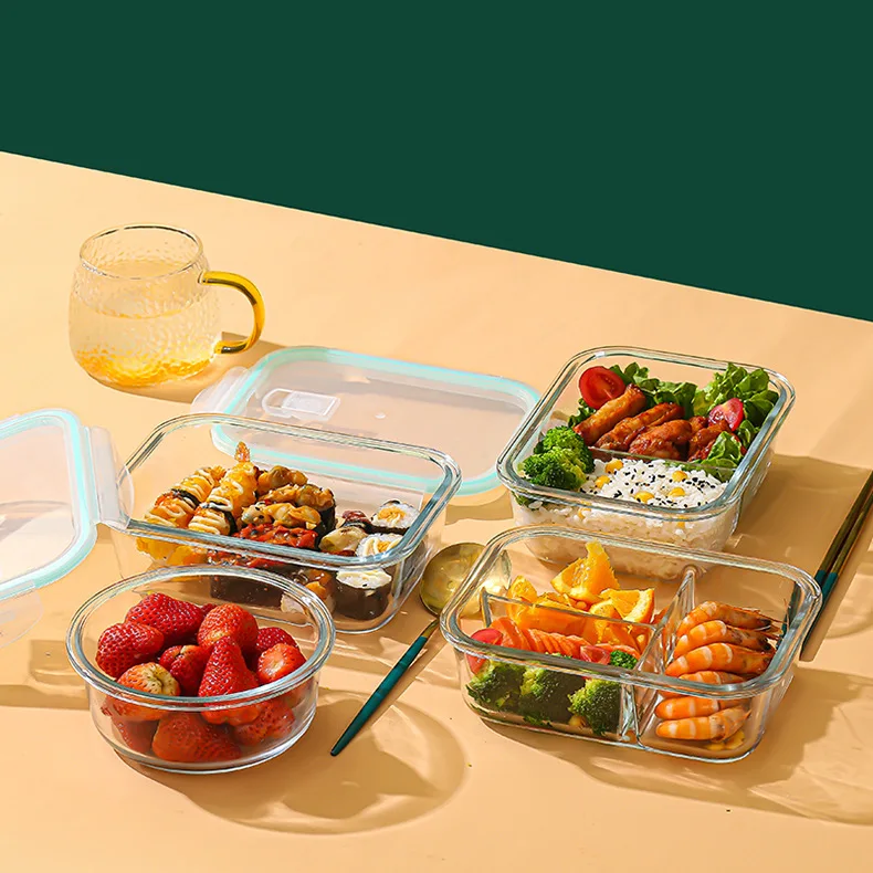 BORREY Microwave Glass Lunch Box Rectangle Glass Lunch Box With Thermal Bag  Compartment Food Container Storage Food Bento Box