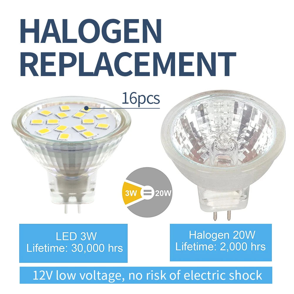 Bombillas Halógenas, MR11 GU4 LED 3W Blanco Cálido 3200K, 350LM, Repuesto Para Bombillas Halógenas De 20-25 W, Bombillas Halógenas GU4 MR11, ángulo De Haz De 120°, Paquete De 6 Unidades