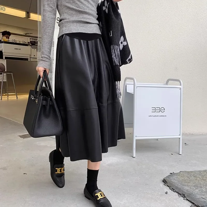 1171# Autumn Winter Fashion PU Maternity Skirts Elastic Waist Belly Loose A Line Clothes for Pregnant Women Pregnancy