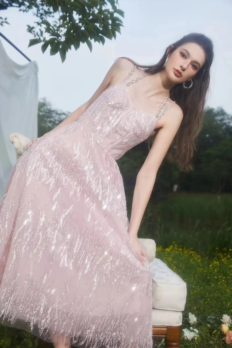 

Women Pink Shiny Maxi Dress Sequin Long Party Halter Glitter Dance Evening Female Gowns Celebrate Occasion Wedding Guest